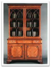 A provincial masterpiece. The Rawlinson bookcase, made by Richard Gillow, 1772, for Mary Hutton Rawlinson the rich widow of a Quaker Lancaster/West Indies merchant. Judges Lodgings Museum, Lancaster.